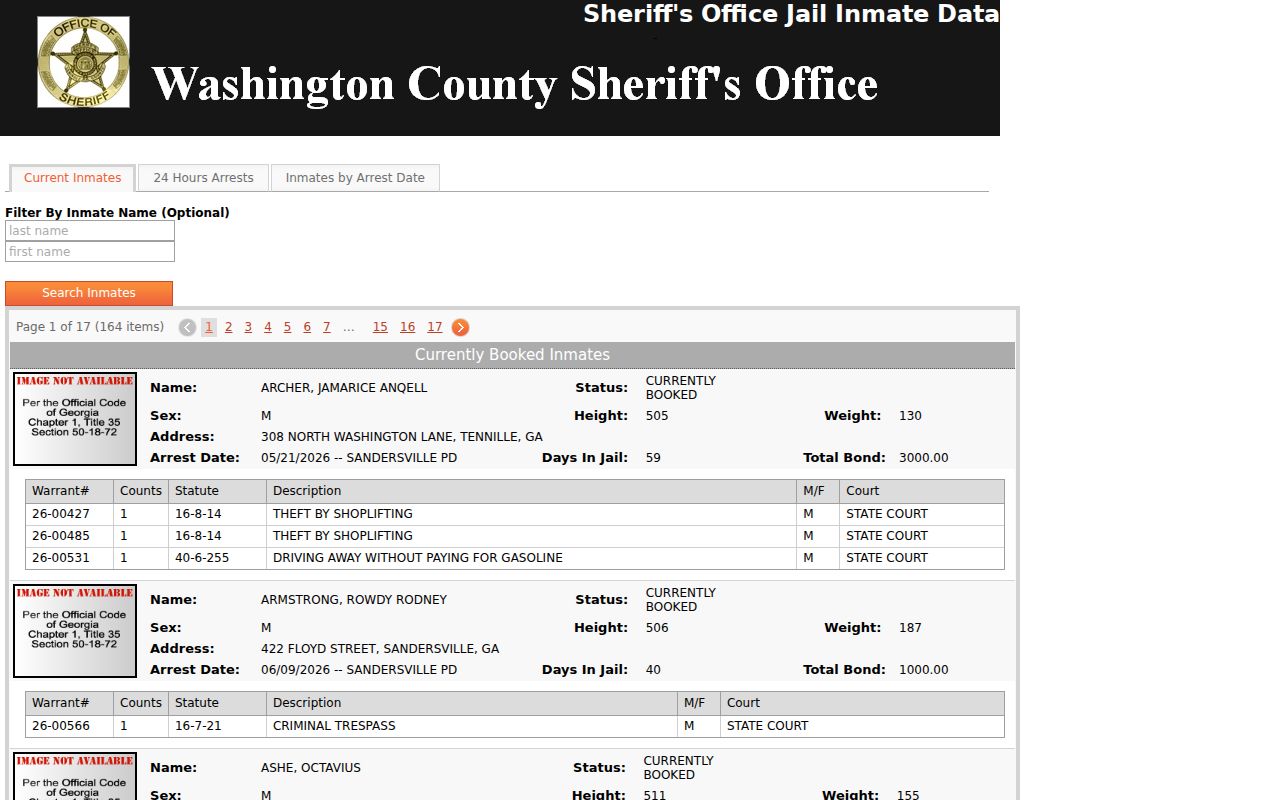 Washington County arrest lookup current inmate interface