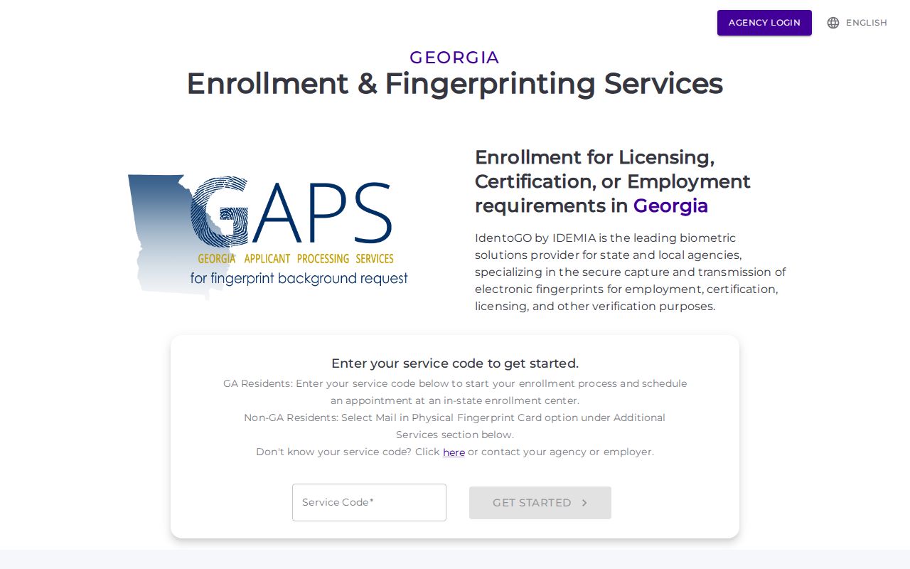 Georgia GAPS IdentoGO fingerprint enrollment interface