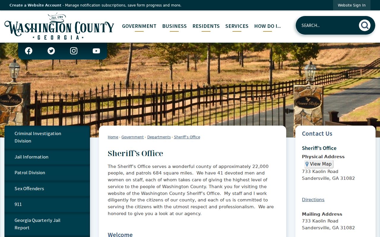Washington County Georgia Sheriff's Office contact page